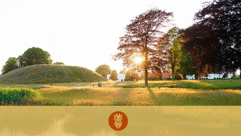 Kongernes Jelling - Home of the Kings, seen from the park with the old red beech trees to the right and the large green mound to the left.