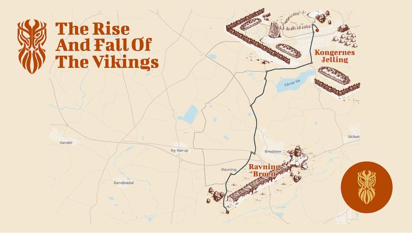 Drawn map of the Jelling area, with enlarged versions of Ravningebroen bridge, the Jelling Stone and the largest single building of the Viking Age Monument Square at Kongernes Jelling