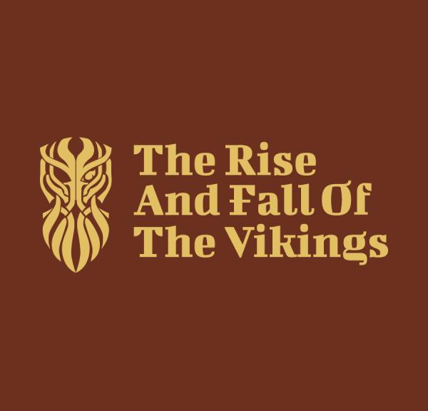 The full logo, Odin with one eye and payoff The Rise And Fall Of The Vikings in golden colour on a dark maroon colour