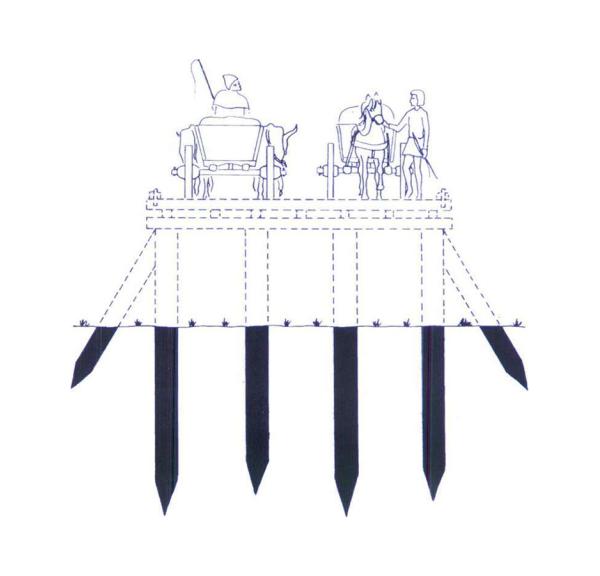 Cross-section construction drawing of the Ravningbroen. It shows that a span has 4 vertical piles and two supporting piles at an angle of approximately 30 degrees.